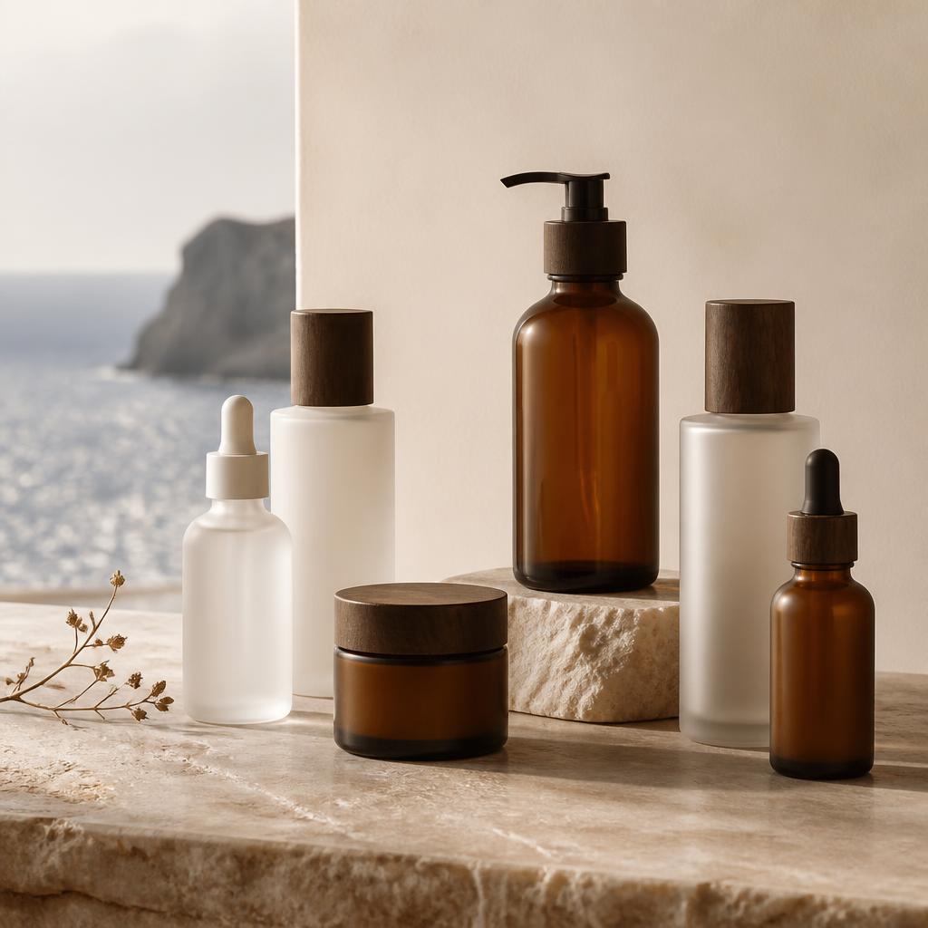 Medical-grade skincare bottles arranged on a stone shelf